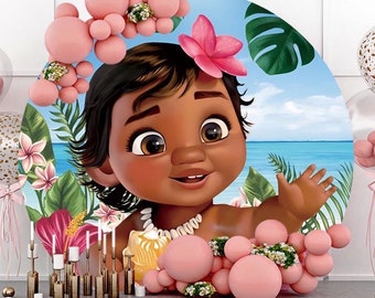 Birthday Party Round Arch Backdrop Cover for Girls Circle Baby Moana Photography Background Newborn Baby Shower Cartoon Photo Backdrop