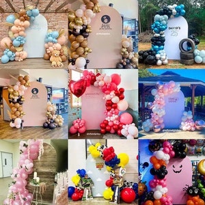 May include: A collage of nine images displaying various balloon arch and garland designs for events. The arches are made with a range of colours, including pink, blue, gold, and red. Some arches feature a backdrop with text, such as "Baby Santos" and "David's 25th".