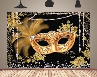 Black Gold Carnival Mask Background Masquerade Ball Photo Backdrop Party Decoration Banner