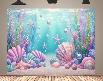 Pink Purple Underwater Banner Birthday Party Backdrop Sea Stars Shells Mermaid Ocean Theme Baby Shower Decor