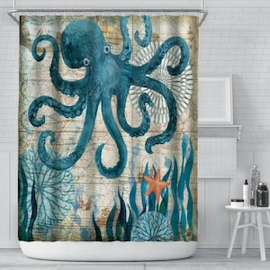 Ocean Creature Underwater World Shower Curtain Starfish Water Grass Abstract Art Bathroom Decor Octopus Crab Shower Curtain Liner with Hooks