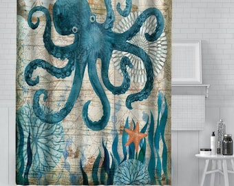 Tenda Doccia Tema Marino Con Stelle Marine E Conchiglie 180x200 Cm - Tessuto Impermeabile Con Ganci Inclusi Per Bagno