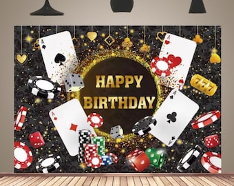 Poker Dice Casino Theme Gold Glitter Backdrop Happy Birthday Vinyl Photo Banner