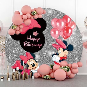 Shinning Minnie Round Photography Backdrop Cartoon Birthday Party Backdrop Cover For Baby Shower Circle Background Studio Props Decoration