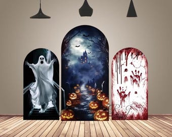 Halloween Theme Arch Backdrop Cover Horror Ghost Pumpkin Castle Party Arched Wall Decor Polyester Fabric
