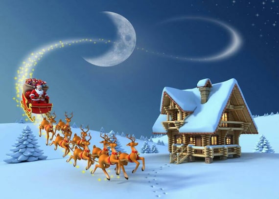 Merry Christmas Photography Backdrops Santa Sleigh Photo Background Pines Snow Landscape Moon Window Paper Happy Holidays Photo Backdrop