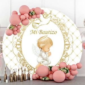 Round Backdrop Cover Mi Bautizo Photography Backdrop Wall Baby Baptism Angel Circle Photo Background Studio Props Custom Text