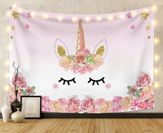 Kids Cartoon Unicorn Tapestry Flower Pink Wall Art Hanging