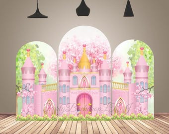 Pink Princess Castle Arch Backdrop Cover Girls Baby Shower Birthday Party Arched Backdrop Fabric