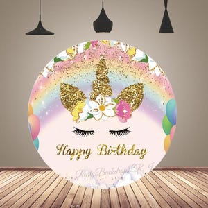 Rainbow Gold Unicorn Circle Photography Backdrop Cover: Birthday Party Decoration