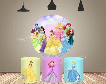 Fondo de arco redondo de princesas de Disney para fiesta de cumpleaños, fotografía, cubierta de fondo, círculo de dibujos animados, pastel, mesa, cubierta cilíndrica, decoración de fiesta