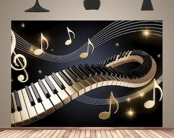 Gold Black Piano Notes Backdrop Music Photography Background Birthday Party Banner Decor