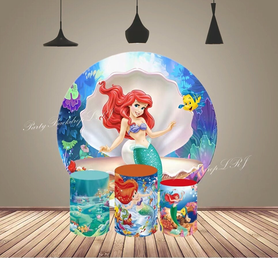 Party Backdrop Princess Ariel Round Photography Background Cover for Kids Baby Shower Little Mermaid Circle Cake Table Cylinder Cover Decor