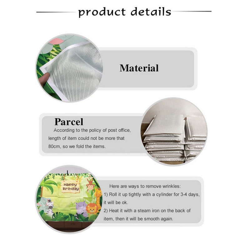 Puede incluir: Un tel&oacute;n de fondo verde, amarillo y blanco con un tema de jungla. El tel&oacute;n de fondo presenta una cebra, una jirafa, un le&oacute;n y un mono. El texto "Happy Birthday" est&aacute; impreso en el tel&oacute;n de fondo. El tel&oacute;n de fondo est&aacute; enrollado y empaquetado en una bolsa de pl&aacute;stico.