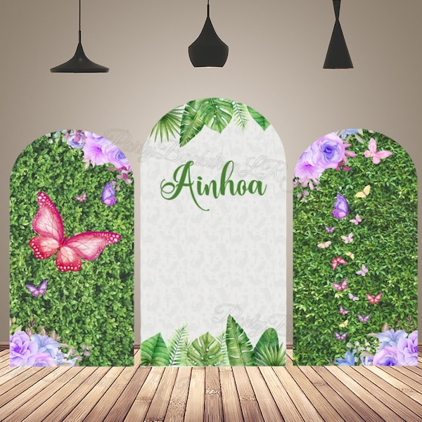Pink Butterfly Solid Green Arch Backdrop Kit for Girl