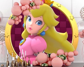 Princess Peach Round Arch Backdrop Cover for Girls Birthday Party Circle Photography Background Newborn Baby Shower Cartoon Photo Backdrop