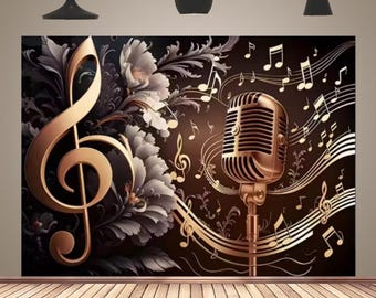Microphone Notes Floral Backdrop Rock Music Birthday Photography Background Party Garden Singing Banner Decor