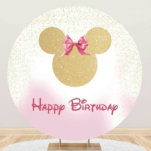 Gold Minnie Head Round Photography Backdrop Girls Pink Birthday Party Backdrop Cover For Baby Circle Background Studio Props Decoration