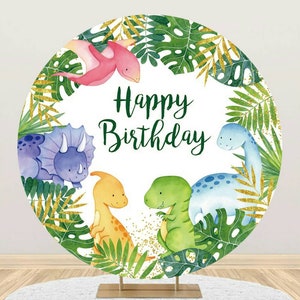 Animals Round Backdrop Cover Children's Birthday Party Backdrop Dinosaurs Theme Photography Background Studio Green Leaf Circle Backdrop