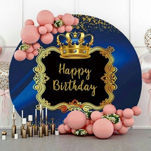 Round Happy Birthday Photography Backdrop Cover Crown Dark Blue Circle Backdrop Cloth With Elastic Photo Background Decoration Photo Props
