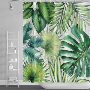 Green Leaf Shower Curtain Tropical Plant Leaves Bathroom Curtain Art Bath Decor Shower Curtain Liner with Hooks Waterproof Curtain