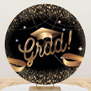Gold Black Congrats Grad Round Photography Backdrop Wall Graduation Party Backdrop Cover Photo Background Studio Props Grad Decoration