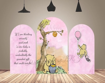 Bear Pink Chiara Arch Wall Backdrop Cover for Baby 1st Birthday Backdrop Decor Winnie the Pooh Party Arch Background Covers Double-Sided