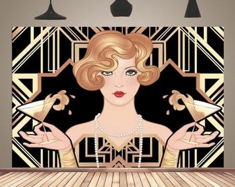 Retro Black Gold 20s Gatsby Birthday Backdrops 1920s Woman Photography Backdrop Party Decoration Banner