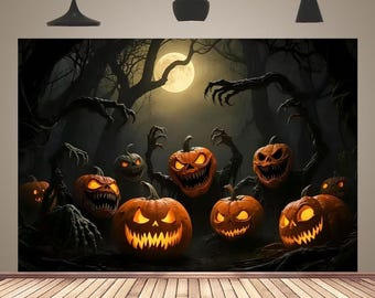 Forest Horror Moon Night Pumpkins Backdrop Halloween Family Party Banner Wall Decoration