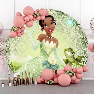 Princess Tiana with Frog Round Backdrop Cover Girls Baby Shower Photography Background Cartoon Circle Photo Backdrop Party Decoration