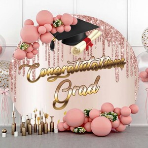 Congrats Grad Round Photography Backdrop Graduation Party Backdrop Cover Gold Pink Photo Background Studio Props Decoration