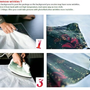 K&ouml;nnte beinhalten: Eine Anleitung zum Entfernen von Falten aus einem Hintergrund. Das Bild zeigt eine Person, die einen zerknitterten Hintergrund b&uuml;gelt. Der Text lautet: &bdquo;Wie man Falten entfernt?&ldquo; und enth&auml;lt Anweisungen zum B&uuml;geln und Rollen des Hintergrunds.