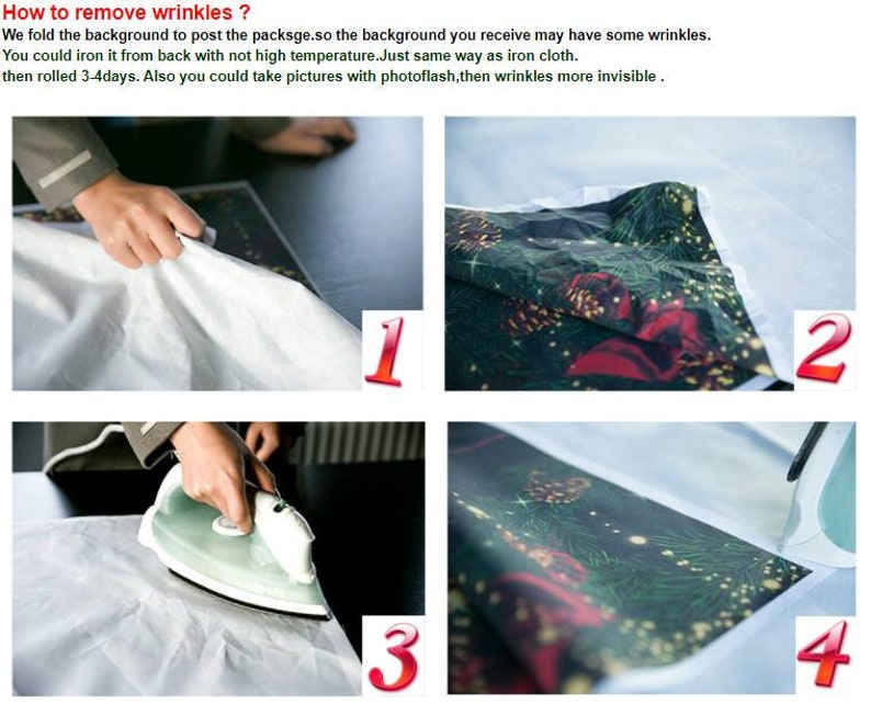 K&ouml;nnte beinhalten: Eine Anleitung zum Entfernen von Falten aus einem Hintergrund. Das Bild zeigt eine Person, die einen zerknitterten Hintergrund b&uuml;gelt. Der Text lautet: &bdquo;Wie man Falten entfernt?&ldquo; und enth&auml;lt Anweisungen zum B&uuml;geln und Rollen des Hintergrunds.