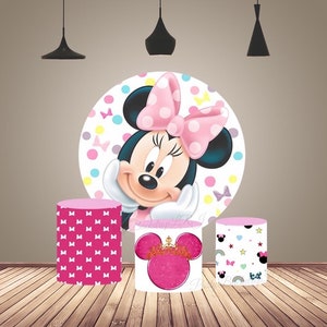 Girls Birthday Minnie Mouse Round Backdrop Cover Baby Shower Photography Background Round Disney Cartoon Backdrop Cake Table Cylinder Covers