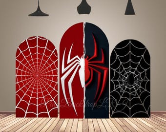 May include: Three arched backdrop covers featuring spider-themed designs. The left panel is red with a white web pattern. The center panel is split red and black with a large spider graphic. The right panel is black with a white web and spider.