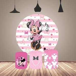 Sfondo per feste di Minnie Mouse circolare, sfondo per fotografia di compleanno per bambine, sfondo rotondo Disney, sfondo per torta, copri cilindro per tavolo