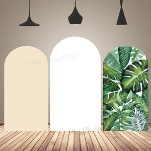Green Leaf Tropical Theme Arch Backdrop Cover Beige White Birthday Wedding Party Chiara Wall Photography Backgrounds Decor Double-Sided