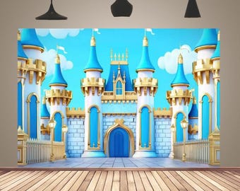 Sky Blue Castle Photography Backdrop for Boys Kids Birthday Baby Shower Party Banner