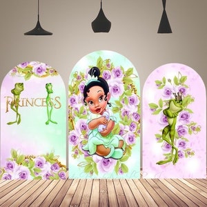 Princess Baby Tiana and the Frog Arch Backdrop Cover Purple Flowers Baby Shower Chiara Arch Photography Background Banner Double Sided