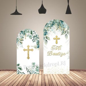 Custom Mi Bautizo God Bless Baptism Chiara Wall Cover Arch Background Green Leaf Baby Shower Party Decor Backdrop Photo Doubleside