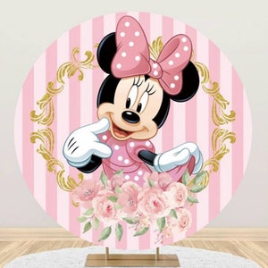 Fondo de fotografía redondo de Minnie rosa, fondo de fiesta de dibujos animados, cubierta para baby shower, fondo circular para recién nacidos, accesorios de estudio, decoración