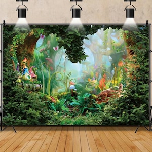 May include: A whimsical backdrop featuring a lush green forest with colorful mushrooms, winding vines, and a small fairy village. The scene is filled with vibrant colors and a magical atmosphere.