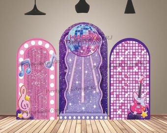 Happy Birthday Purple Music Arch Backdrop Cover  Girls Birthday Party Decor Baby Shower Custom Arched Background