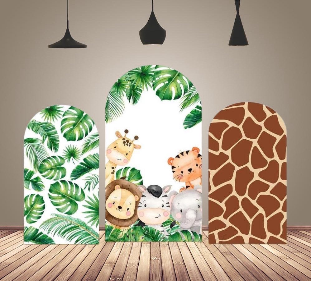 Jungle Safari Arch Backdrop Cover Baby Shower Birthday Party Backdrop Decor Double Sided Wild Animals Chiara Arch Photography Background