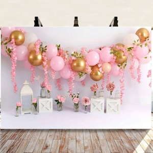 Pink Balloons White Photography Backdrop Baby 1st Birthday  Banner Flowers Background Wall Party Backdrop Newborn Studio Props Decoration