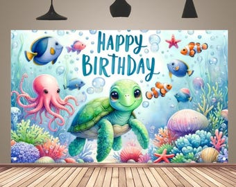 Underwater Party Backdrop for Kids Turtles Octopus Marine Creatures Theme Birthday Banner Baby Shower Decor