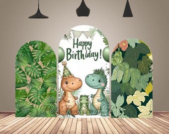 Tropical Jungle Animals Arch Backdrop Cover Green Leaves Safari Cartoon Dinosaur Baby Shower Birthday Arched Fabric