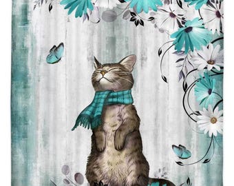 Cat Flowers Art Shower Curtain Animal Waterproof Curtains with 12 Hooks Bath Decoration