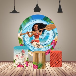 Princess Moana Round Photography Background Cover for Girls Baby Shower Kids Birthday Circle Cartoon Backdrop Cake Table Cylinder Covers