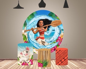 Princess Moana Round Photography Background Cover for Girls Baby Shower Kids Birthday Circle Cartoon Backdrop Cake Table Cylinder Covers